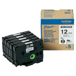 5 rubans laminé noir sur blanc 12mmx8m pour BROTHER P-Touch RL700S